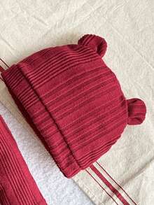 3件套男婴可爱小熊印花按扣裆长袖连体衣、松紧腰红色裤子+可爱帽子，舒适秋冬套装 - 紅色 - 查看 6