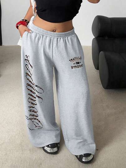 POPSWAY Plus Size Women's Light Gray Leopard Print Street Style Plus Size Punk Y2K Collegiate Casual Sweatpants, Autumn