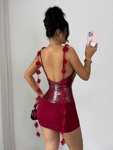 Almamuse Women's Elegant Party Sequin Patchwork Burgundy Dress - Burgundy - View 3