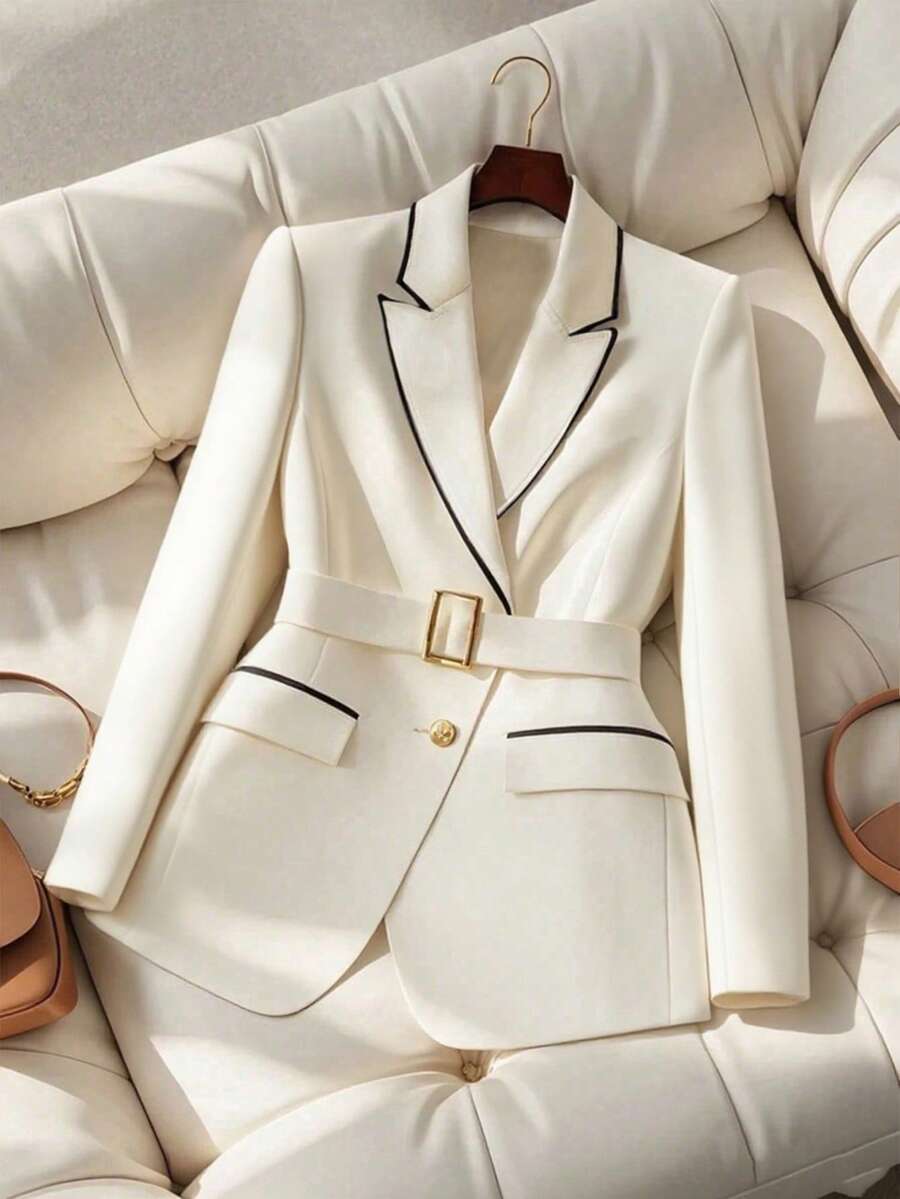 GlowEve 女士优雅通勤撞色饰边常规夹克 - 杏色 - 查看 1