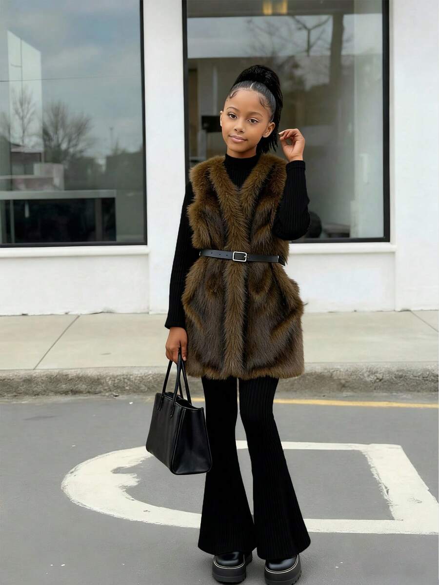 Tween Mädchen Outfit, bestehend aus lässiger, ärmelloser, flauschiger Weste, kombiniert mit einem langärmeligen, stehkragenförmigen, figurbetont gestrickten Oberteil und weiten Hosen. 2 Stücke Outfit, geeignet für den Outdoor-Bereich - Schwarz - Übersicht 1