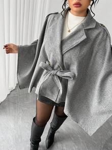 Elenzga Plus Size Asymmetrical Hem Double-Breasted Waist Woolen Coat - Grey - View 6
