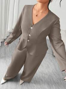 Elenzga Plus Size Women's Elegant V-Neck Cinched Waist Asymmetric Hem Long Sleeve Blazer Suit Set Gray Two-Piece Set With Cinched Waist - Khaki - View 7