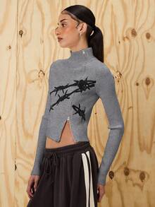 COUREZ Asymmetric Zip Up Fitted Rib Knit Jumper With Graphic /Y2K Going Out For Women Spring For Women Going Out Tops Rave Women's Spring Sweater - Grey - View 5