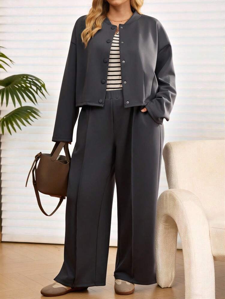 Plus Size Casual Commuter Solid Color Jacket And Pants 2 Pieces Set, Autumn  Stylish Clothing Collection Elegant Party Clothes For New Year Christmas Clothes For Women  Winter Clothes For Women