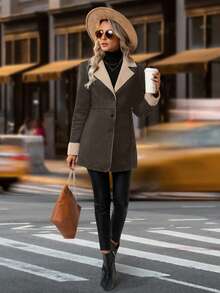 SHEIN Clasi 女式休闲翻领长袖单排扣仿皮草夹克，秋冬 - 棕色 - 查看 3