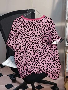 Nick 90s | SHEIN 大码豹纹和卡通图案圆领短袖T恤 - 白色 - 查看 2