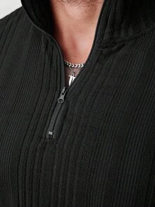 Manfinity Homme 加大码男士纯色长袖半开襟罗纹休闲T恤 - 黑色 - 查看 4