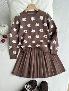 Tween Girls Ditsy Floral Brown Sweater & Pleated Skirt Set,Cute Back-To-School Autumn Holiday Outfit,Warm Soft Comfortable,Christmas Halloween Parties - Brown - View 1