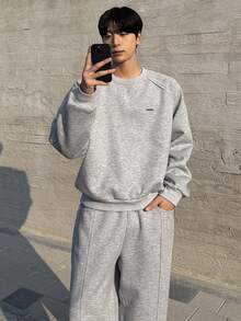 DAZY 男士纯色加厚套头卫衣套装，秋冬款 - 灰色 - 查看 7