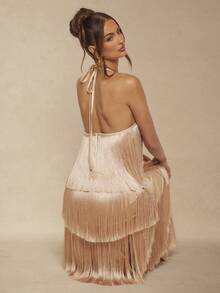 Silquee Đầm hở lưng màu trơn tua rua dây mảnh thời trang thanh lịch không tay hở lưng - Màu be - Xem 8