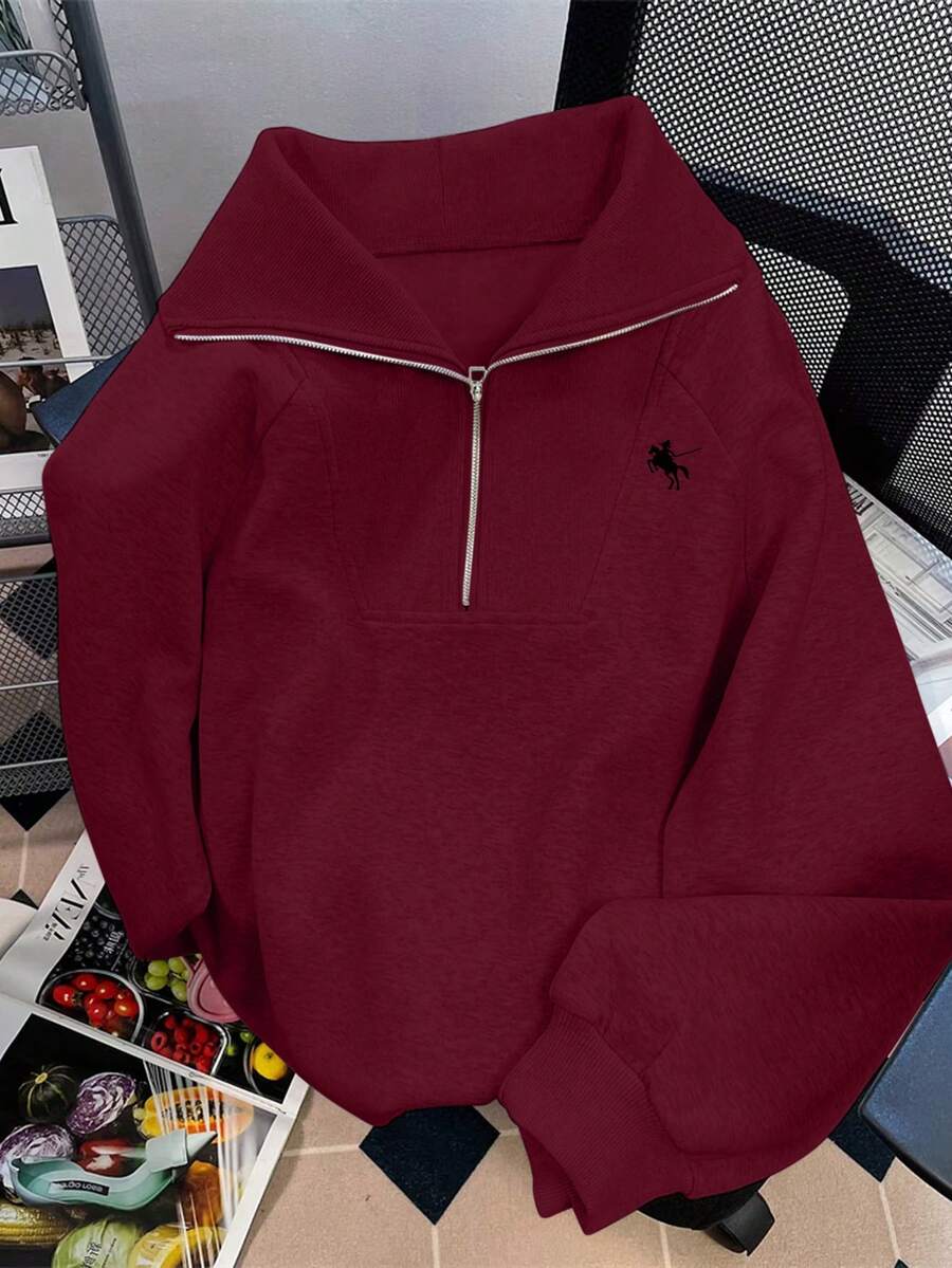 Airaco 休闲宽松高领拉链半拉链印花长袖卫衣，圣诞节 - 酒紅色 - 查看 1