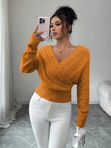 SHEIN Elenzya Áo len dệt kim dài tay hở lưng cổ chữ V màu trơn cho nữ - trái cam - Xem 7