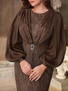 Aureia 大码优雅浪漫奢华亮片刺绣缎面灯笼袖亮片腰带拼接修身鱼尾裙摆礼服，带迷你拖尾，适合晚宴、约会、舞会、婚礼、毕业典礼、正式场合（装饰繁复）、情人节 - 咖啡棕 - 查看 4