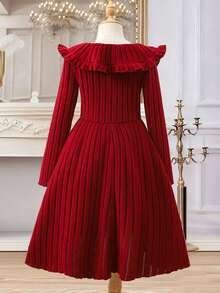 Elladie kids Tween Girl Casual Elegant Brushed Bow Knit Dress, V-Neck Long Sleeve, Suitable For School, Autumn/Winter Princess Halloween/Christmas Party  Dresses - Burgundy - View 2