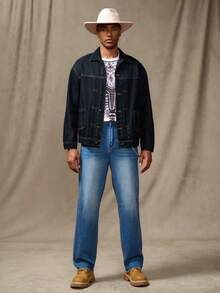 RivetRise Áo khoác denim nam đơn hàng khuy có túi, mùa thu - Rửa tối - Xem 4