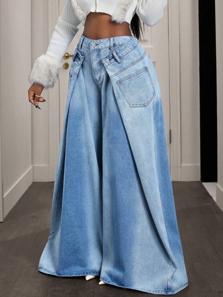 Slaydiva 女士街头时尚嘻哈阔腿牛仔裤 - 藍色 - 查看 1