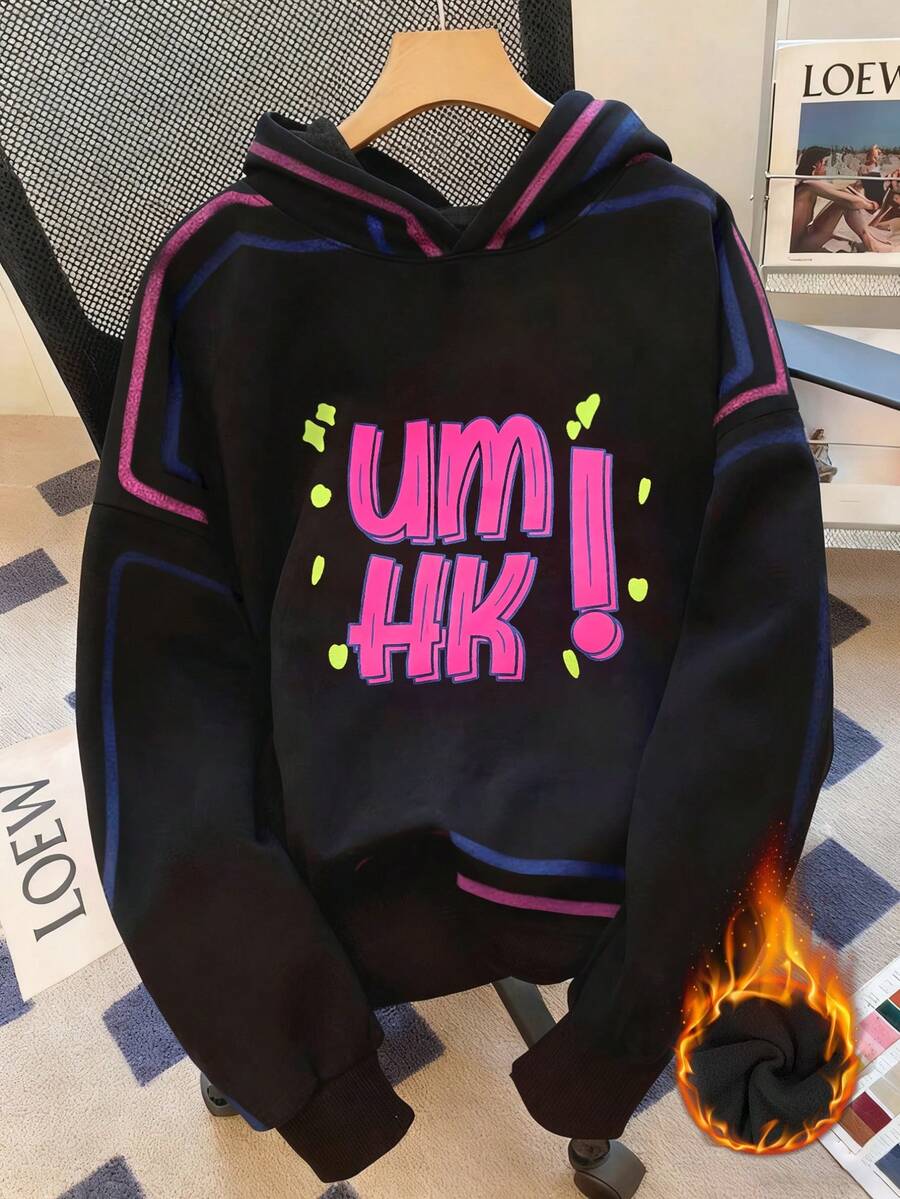 INAWLY 大码女式休闲复古极简浪漫撞色字母印花长袖卫衣 - 黑色 - 查看 1