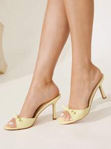 CUCCOO CHICEST Giày cao gót mũi tròn đính nơ PU màu vàng kiểu Pháp thanh lịch lãng mạn cho tiệc cưới/trà chiều - Màu vàng - Xem 7