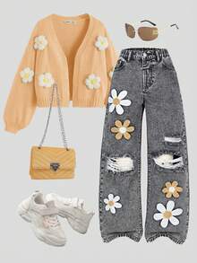 SHEIN ChillGRL 少女牛仔裤，秋冬新款，黑灰色，Y2K风格，3D立体花卉刺绣，宽松阔腿，做旧破洞设计，舒适棉质牛仔面料，适合日常穿着、上学和通勤，春夏百搭，适合11-12岁女孩，裤身饰有蝴蝶和花朵图案。 - 灰色 - 查看 1