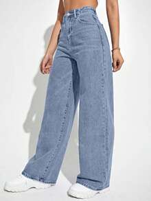 SHEIN Cottnline Damjeans med hög midja och vida ben, tvättade och casual passform - Babyblå - Visa 4