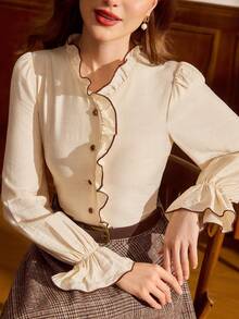 Vintamour Vintage Classic Elegant Women's Blouse, Autumn/Winter Fitted Contrast Color Blouse With Frill Trim, Long Sleeve Apricot Blouse