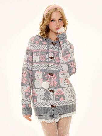 Kawaii Cute Snowman & Snowflake Intarsia Colorblock Hooded Long Sleeve Button-Up Cardigan Sweater For Women, Autumn/Winter
