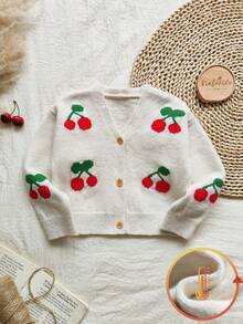 Vintaside Kids Girls' Sweet Casual Cherry Print Long Sleeve Cardigan