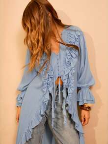 Aralina Vestido largo de cárdigan bohemio con volantes en la parte delantera y manga larga para invierno - Neblina azul - Ver 8