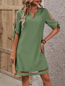 SHEIN Clasi 女士优雅度假风简约纯色V领开衩袖仿珍珠装饰网纱拼接连衣裙，夏季 - 淡綠 - 查看 6