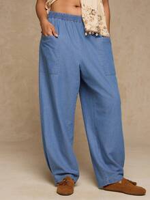 SHEIN VCAY 大码女式弹力腰双口袋宽松休闲牛仔裤 - 淺藍色 - 查看 5