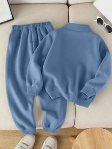 2pcs Young BoyCasual Minimalist Half-Zip Stand Collar Sweatshirt & Elongated Sweatpants Set, Daily Outfit - Dusty Blue - View 2