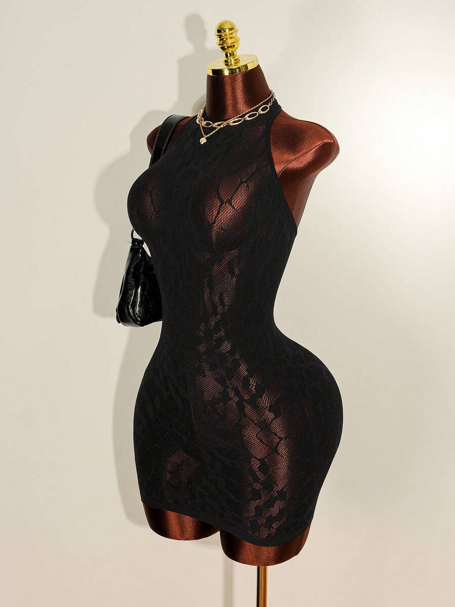 SHEIN Unity Sexy Black Punk Style Jacquard Halter Bodycon Dress - Black - View 1