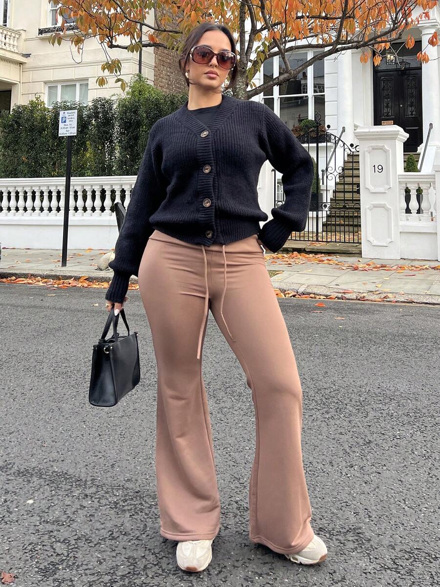 NegzBox Women's Casual Gray Knitted Elastic Waist Flared Sweatpants Flare Pants For Women Bell Bottom Pants Flared Pants Brown Pants Women Flare Sweatpants Drawstring Flare Pants