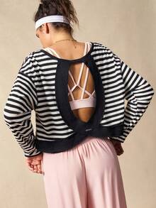 VARSIVA Women's Loose Black And White Stripe Long Sleeve T-Shirt,Open Back Athleisure Gym Top For Summer,Yoga Workout Cover Up,Casual Beach Holiday Daily Wear - Multicolor - View 5