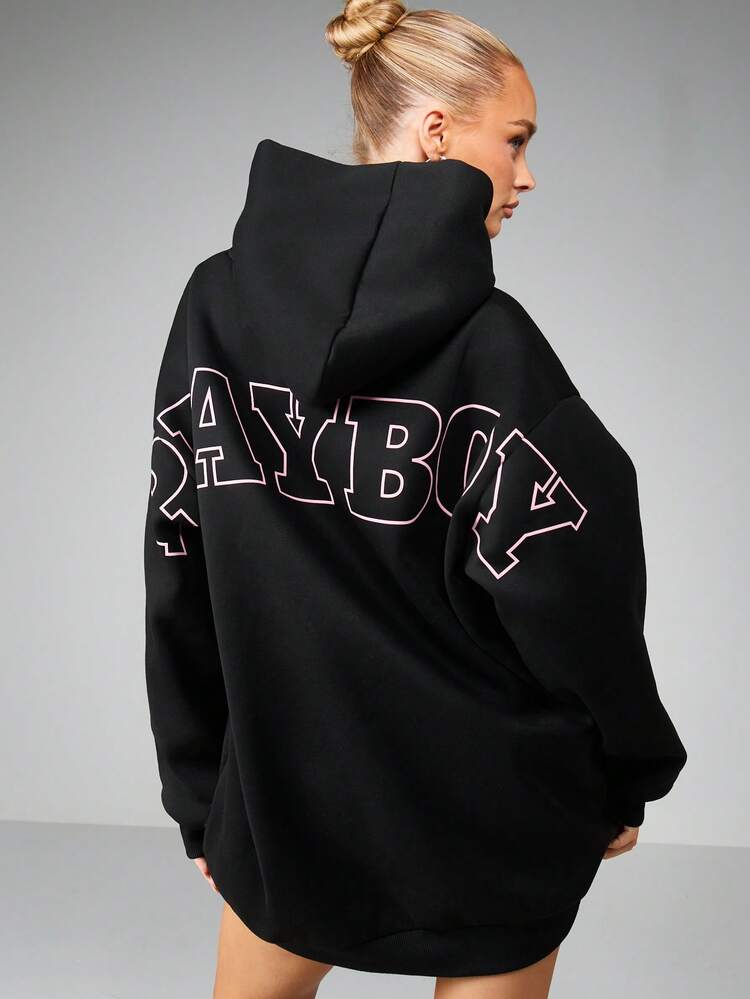 Missguided x Playboy Oversized Graphic Hoodie Dress With Long Sleeves Mini Length Urban Streetwear Casual Winter Fall