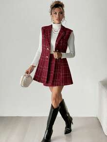 SHEIN Clasi 2pcs Women's Tweed Fabric Suit Vest + A-Line Midi Skirt Set, Elegant For Daily Commute - Red - View 6