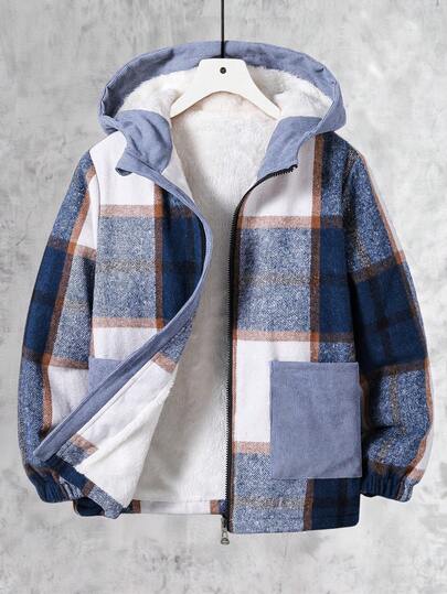 Vacaura Boys' Multi-Color Striped Plush Patchwork Hooded Corduroy Casual Jacket