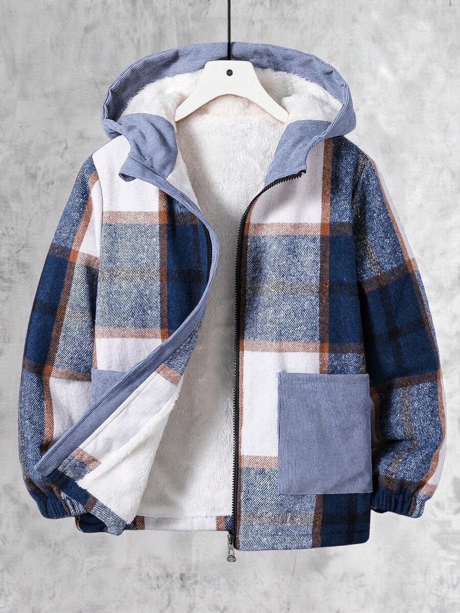 Vacaura Jaket Kasual Korduroi Berkerudung Patchwork Bergaris Multiwarna untuk Anak Laki-laki - Biru - View 1