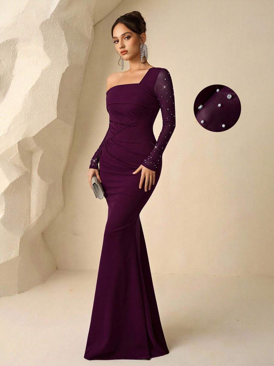 Coutiva Elegantes, schulterfreies Meerjungfrauen-Abendkleid für Damen (aufwendig bestickt), mit Strasssteinen besetztes, transparentes, schwarzes Abendkleid, auch als Hochzeitsgastkleid, elegantes Abendkleid, Ballkleid, tailliertes und figurformendes Kleid, Partykleid, formelles Kleid, lila Abendkleid, schulterfreies Abendkleid, pflaumenfarbenes Kleid, langärmeliges formelles Kleid, sexy und elegant - Rot-violett - Übersicht 1