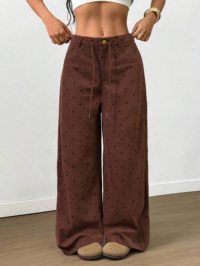 SHEIN Clasi Women's Autumn Corduroy Bow Print Drawstring Faux Pocket Casual Pants