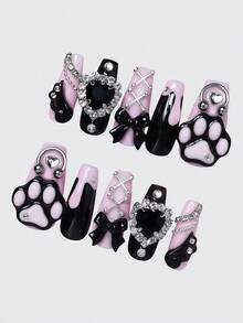 ROMWE Kawaii 10 Stück süße Katzen Pfote, romantisches Herz, Ballettschleife, weißer Flügel, Metall Kreuz, rosa handgemachte Nagelkunst Dekorationen, geeignet für den täglichen Gebrauch, Dates und andere Anlässe