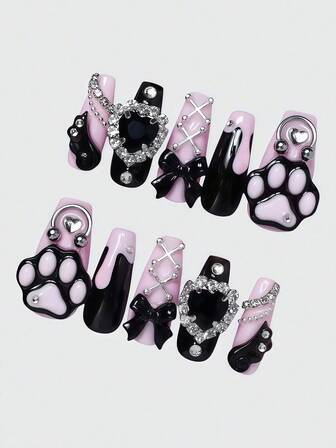 Kawaii 10pcs Cute Kitty Paw, Romantic Heart, Ballerina Bow, White Wing, Metal Cross, Pink Handmade False Nail Art Decals, Suitable For Daily Wear, Dates And Other Occasions