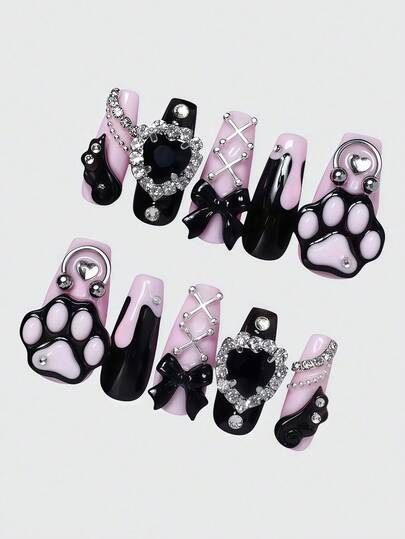 Kawaii 10pcs Cute Kitty Paw, Romantic Heart, Ballerina Bow, White Wing, Metal Cross, Pink Handmade False Nail Art Decals, Suitable For Daily Wear, Dates And Other Occasions