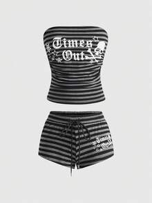 ROMWE Avant Women's Retro Y2K Baddie Slogan Skull Print Striped Cropped Tube Top And Super Low-Rise Mini Shorts 2 Pieces Set - Multicolor - View 1