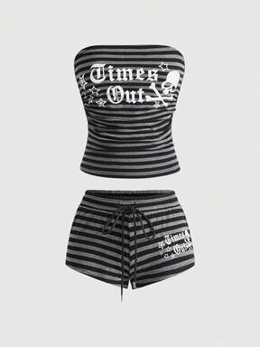 ROMWE Avant Women's Retro Y2K Baddie Slogan Skull Print Striped Cropped Tube Top And Super Low-Rise Mini Shorts 2 Pieces Set
