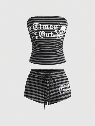 ROMWE Avant Ensemble 2 pièces femme : Top tube court imprimé crâne et rayures style rétro Y2K Baddie, et mini-short super taille basse