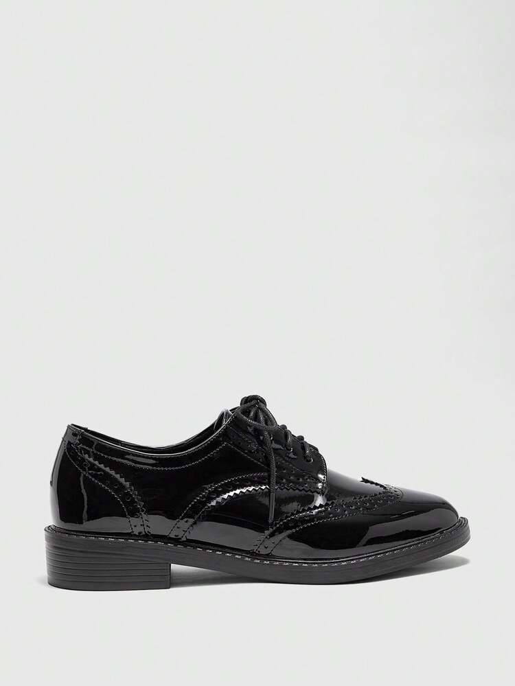 CUCCOO BIZCHIC Women's Fashion Round Toe Flat Black British Style Lace-Up Brogue Loafers, Office Work Flat Shoes For Christmas Spring Shoes