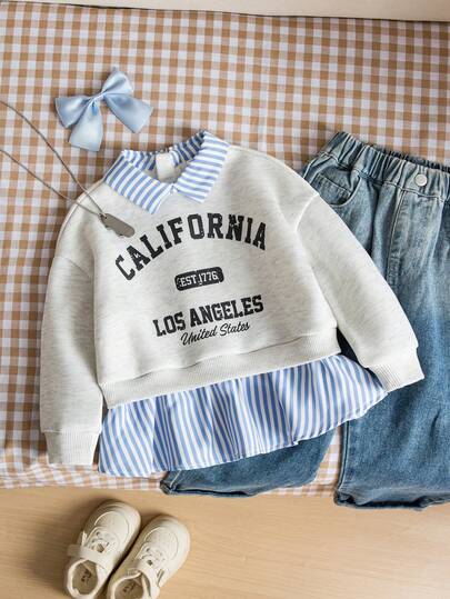 SHEIN 女婴秋冬可爱二合一撞色条纹字母图案卫衣