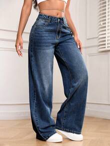SHEIN PETITE Women's Pocket Loose Wide Leg Casual Versatile Denim Jeans - Dark Wash - View 7